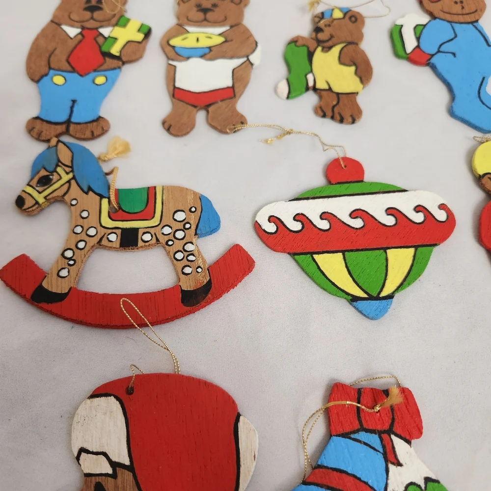 12 Flat Wooden Christmas Ornaments Vtg Bears Kids